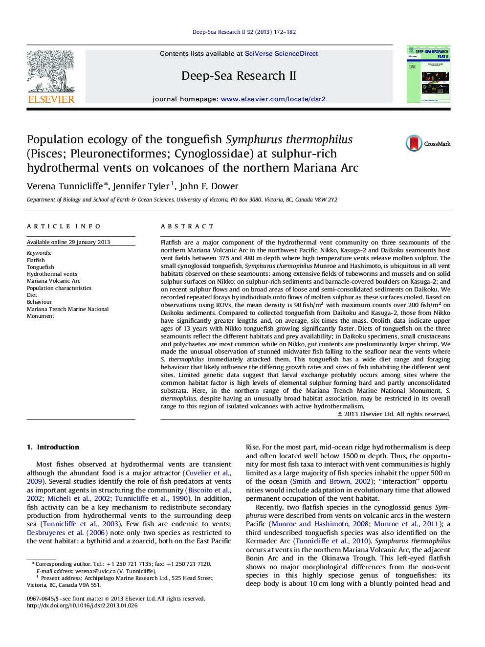 Population ecology of the tonguefish Symphurus thermophilus (Pisces; Pleuronectiformes; Cynoglossidae) at sulphur-rich hydrothermal vents on volcanoes of the northern Mariana Arc