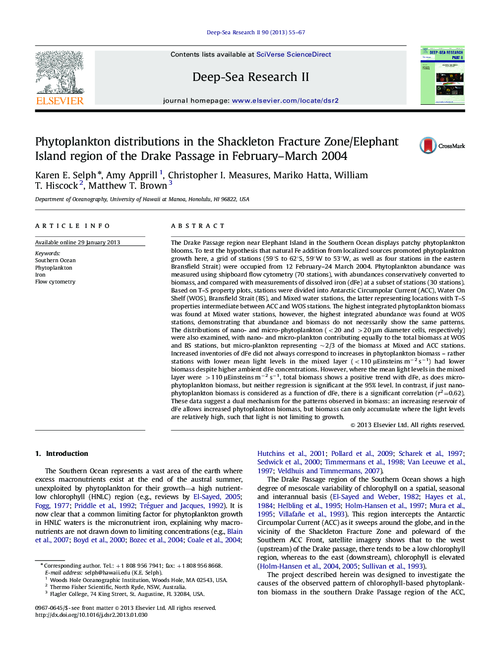 Phytoplankton distributions in the Shackleton Fracture Zone/Elephant Island region of the Drake Passage in February–March 2004