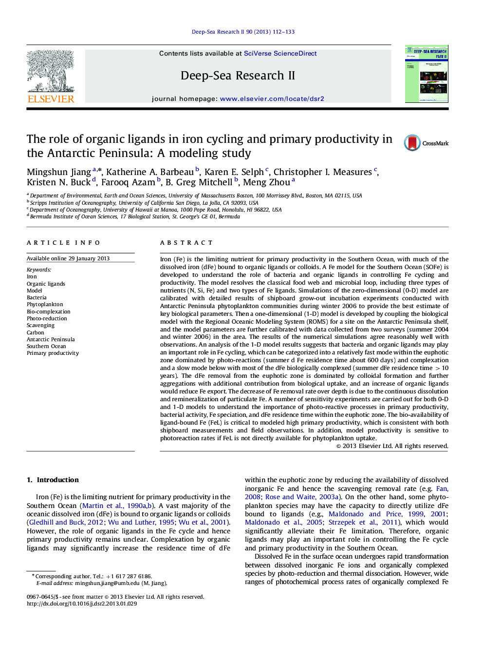 The role of organic ligands in iron cycling and primary productivity in the Antarctic Peninsula: A modeling study