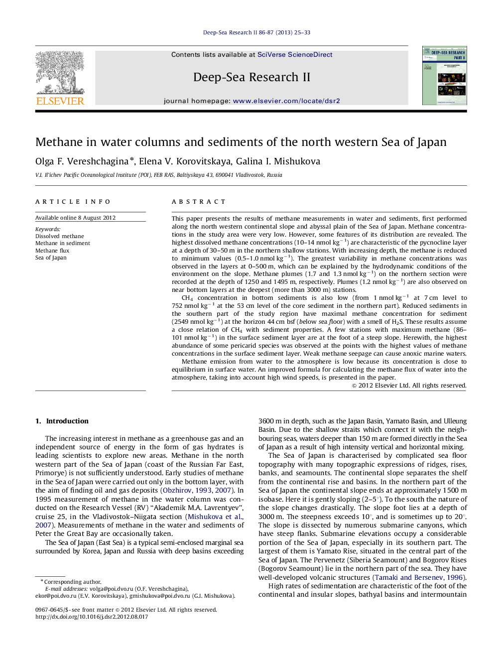 Methane in water columns and sediments of the north western Sea of Japan