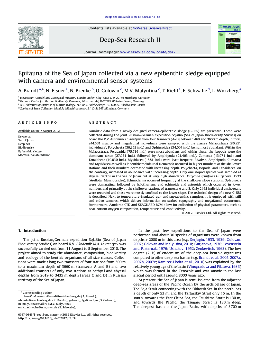 Epifauna of the Sea of Japan collected via a new epibenthic sledge equipped with camera and environmental sensor systems