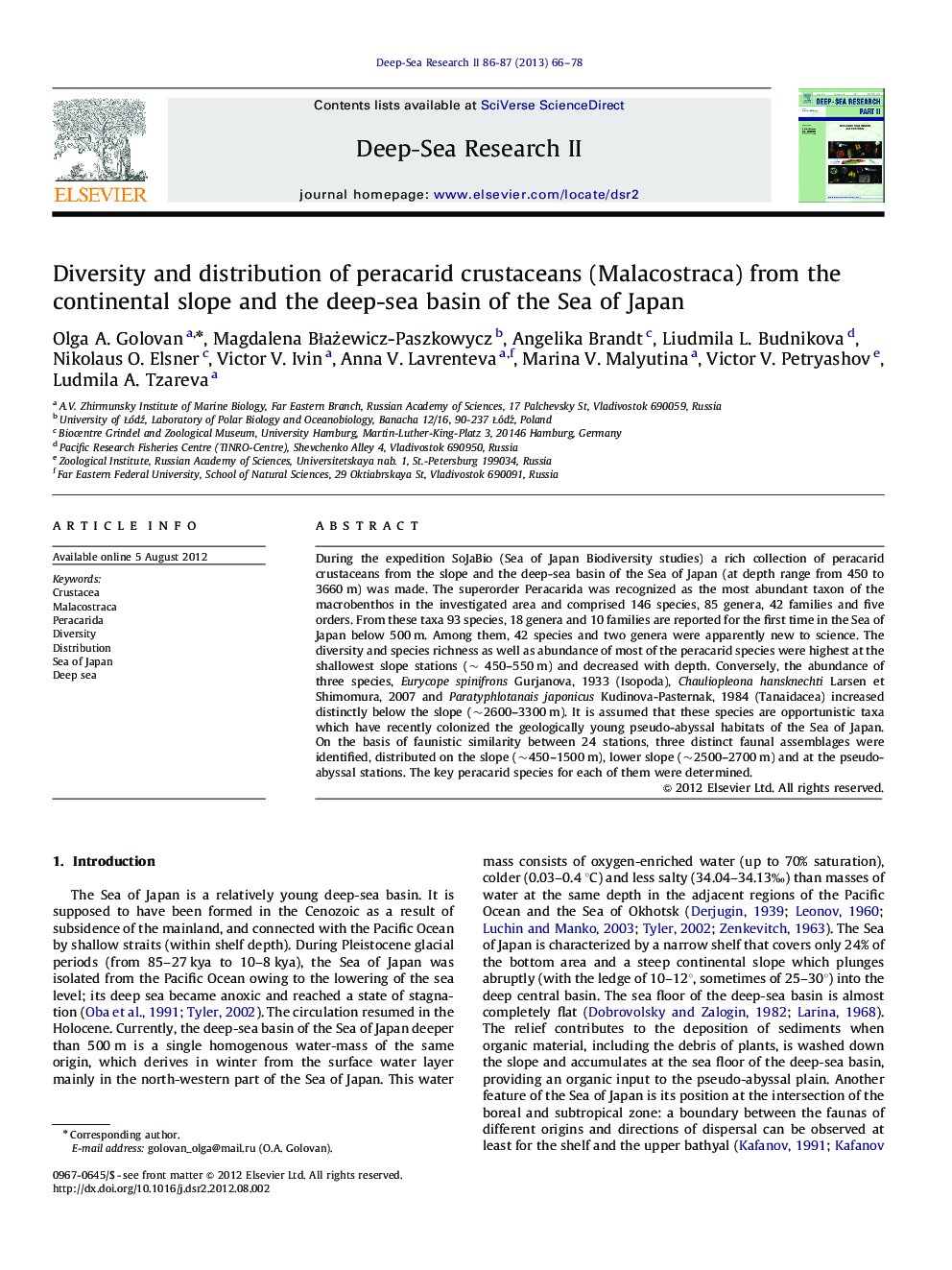 Diversity and distribution of peracarid crustaceans (Malacostraca) from the continental slope and the deep-sea basin of the Sea of Japan