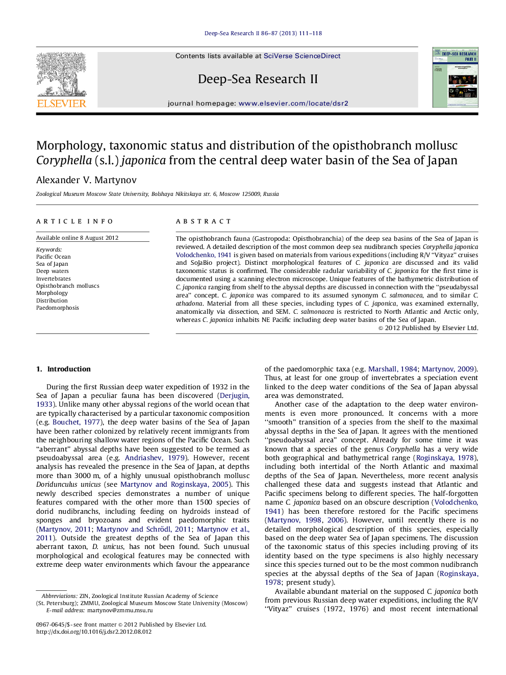 Morphology, taxonomic status and distribution of the opisthobranch mollusc Coryphella (s.l.) japonica from the central deep water basin of the Sea of Japan