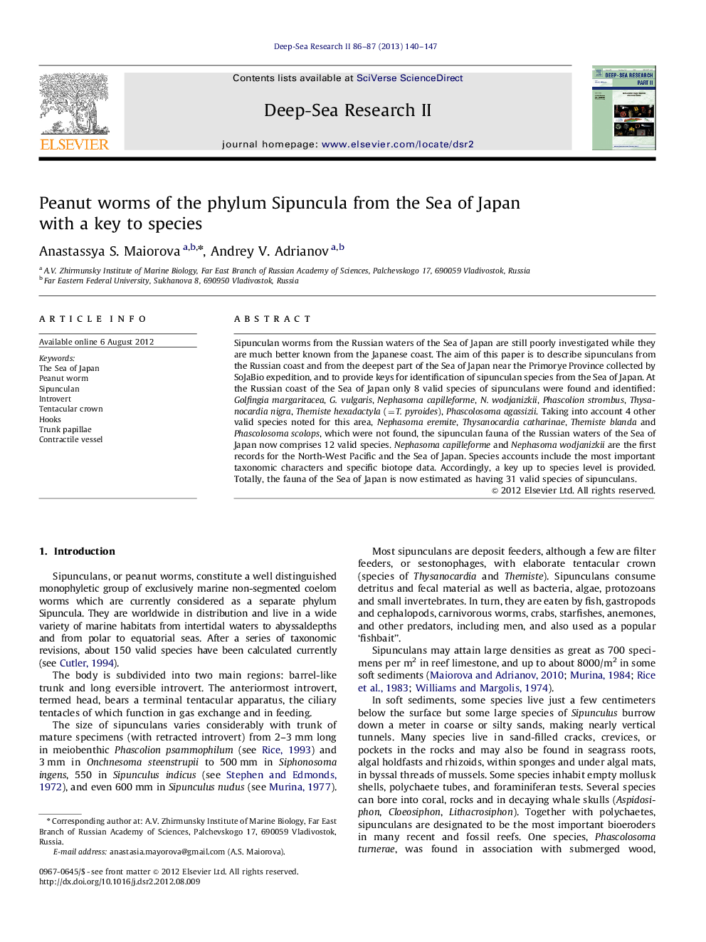 Peanut worms of the phylum Sipuncula from the Sea of Japan with a key to species