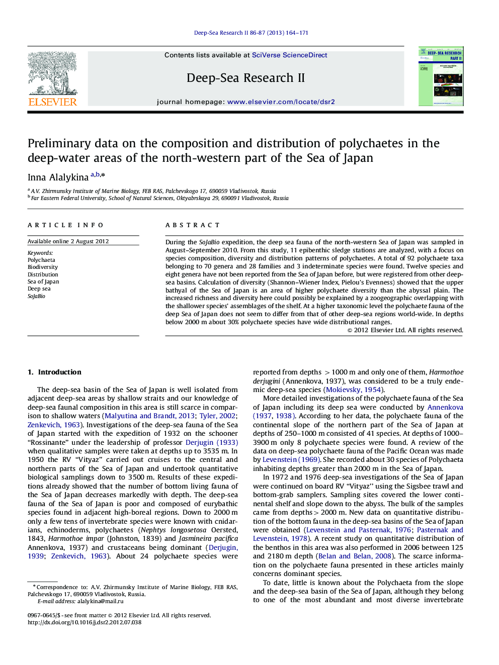 Preliminary data on the composition and distribution of polychaetes in the deep-water areas of the north-western part of the Sea of Japan