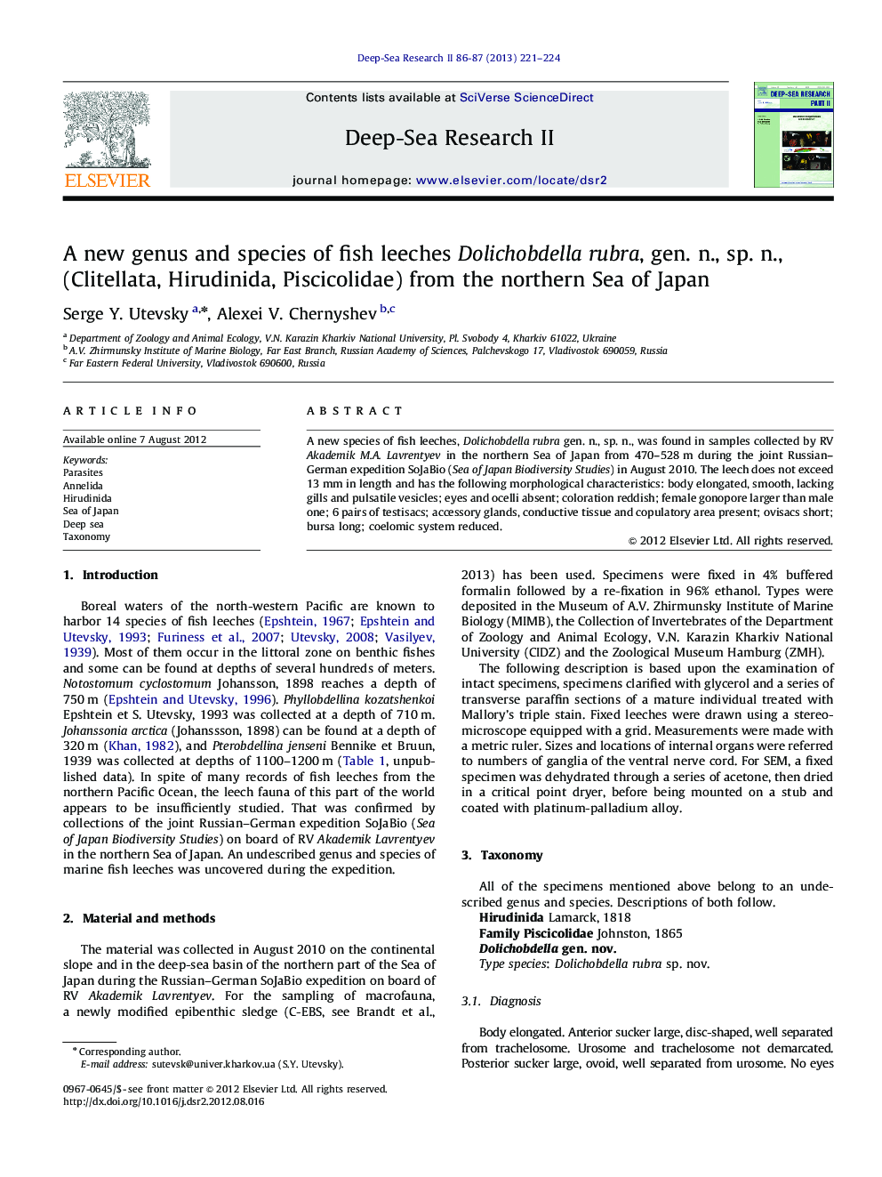 A new genus and species of fish leeches Dolichobdella rubra, gen. n., sp. n., (Clitellata, Hirudinida, Piscicolidae) from the northern Sea ofJapan