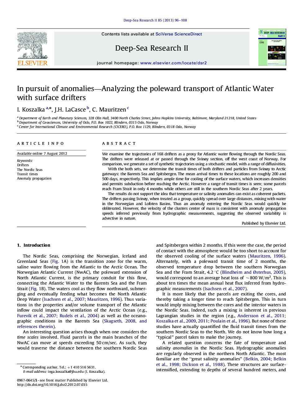 In pursuit of anomalies—Analyzing the poleward transport of Atlantic Water with surface drifters