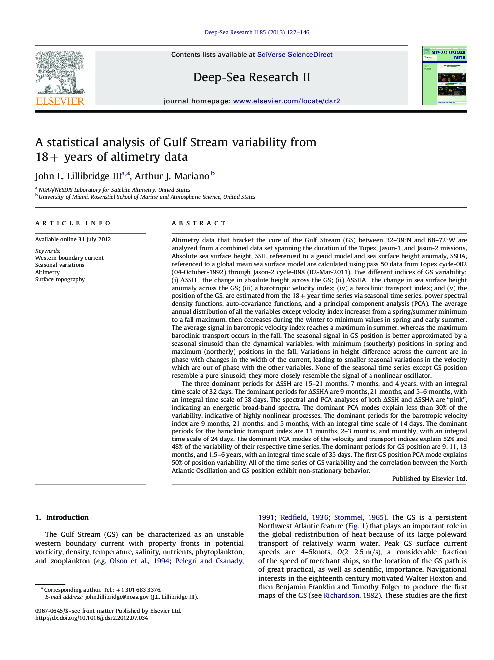 A statistical analysis of Gulf Stream variability from 18+ years of altimetry data