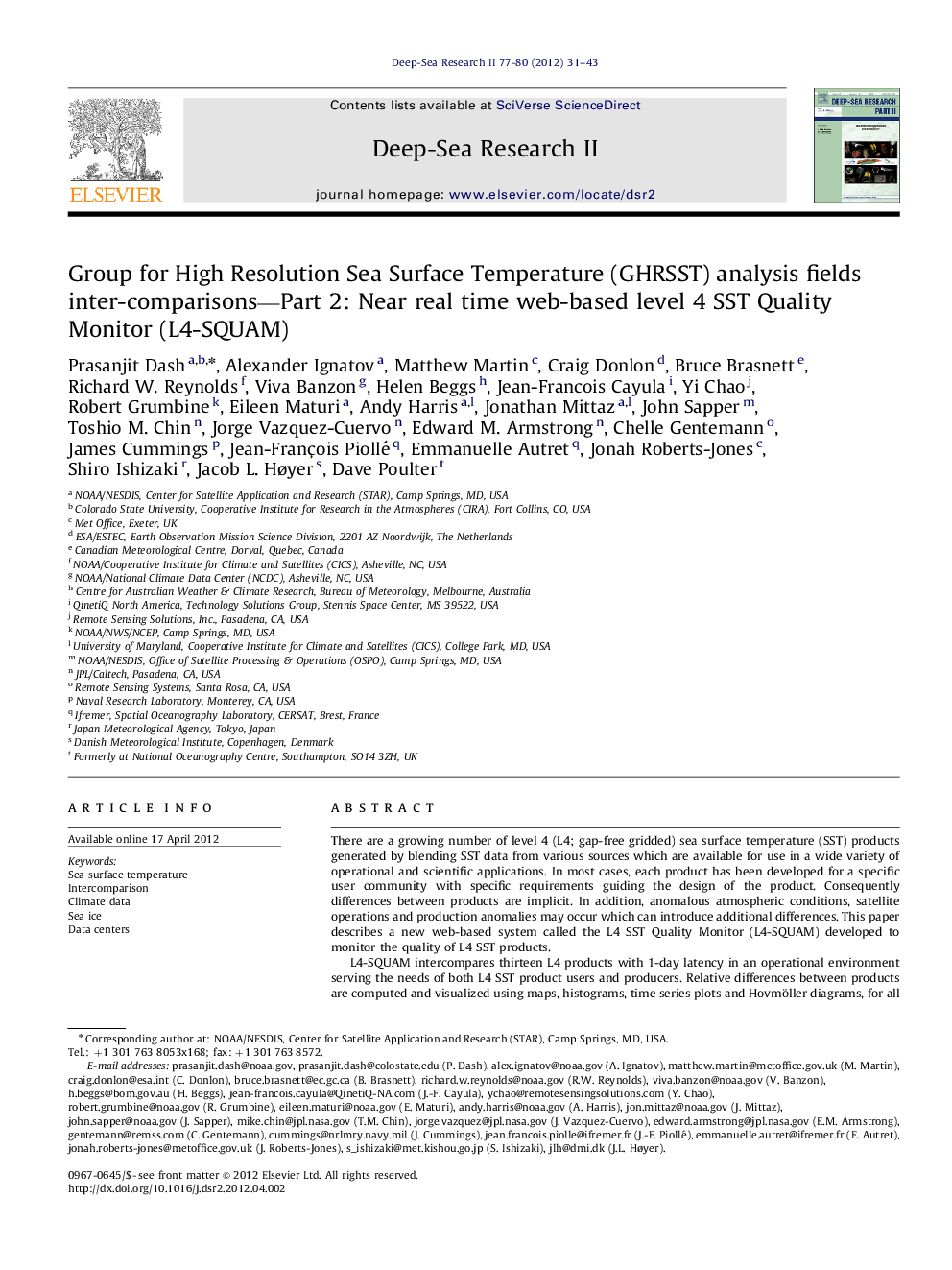 Group for High Resolution Sea Surface Temperature (GHRSST) analysis fields inter-comparisons—Part 2: Near real time web-based level 4 SST Quality Monitor (L4-SQUAM)