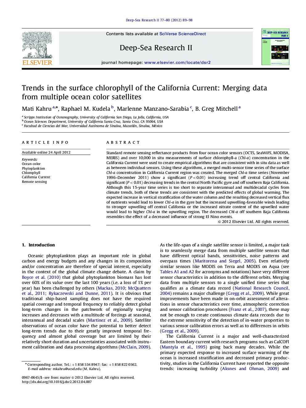 Trends in the surface chlorophyll of the California Current: Merging data from multiple ocean color satellites