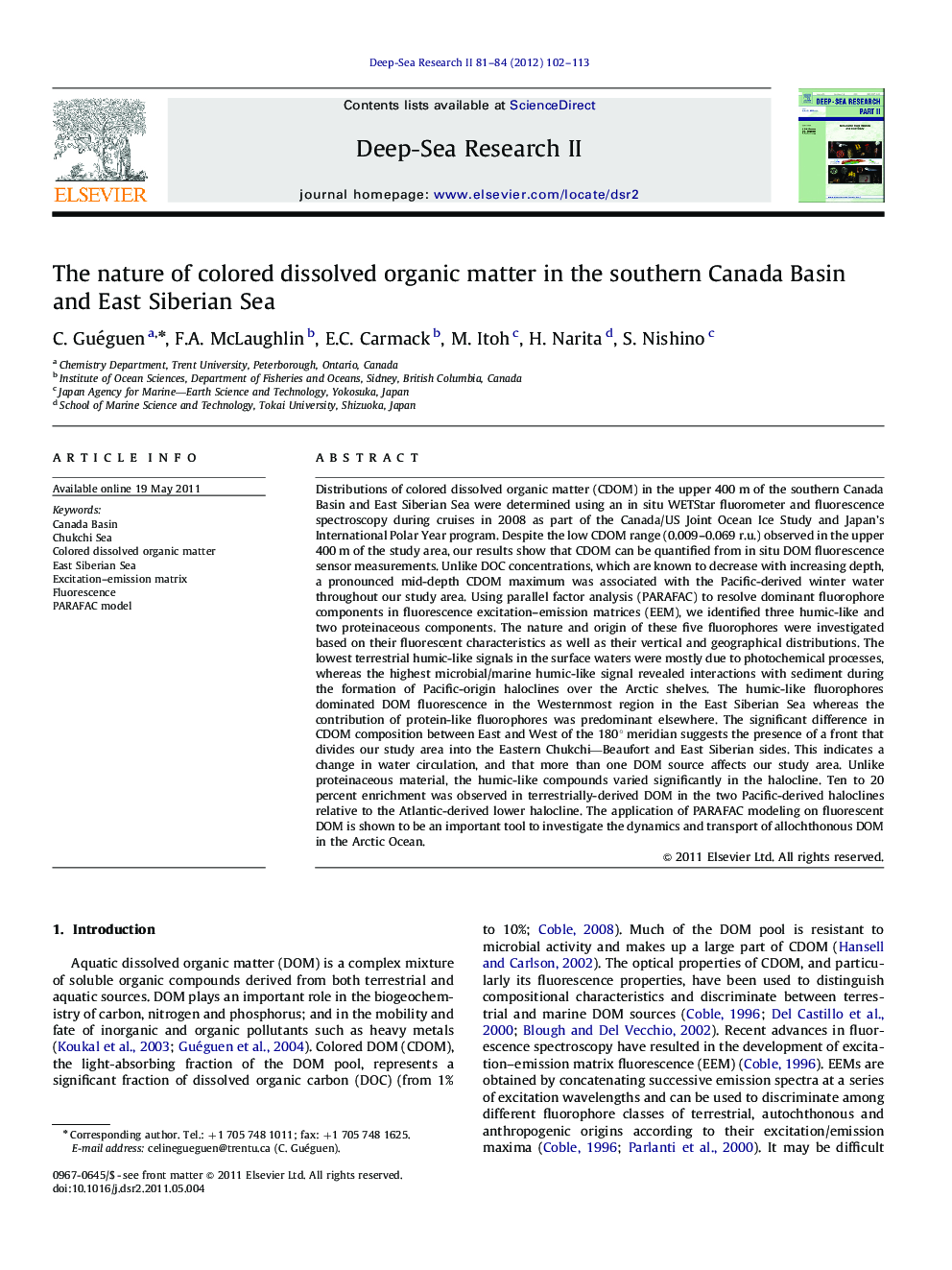 The nature of colored dissolved organic matter in the southern Canada Basin and East Siberian Sea