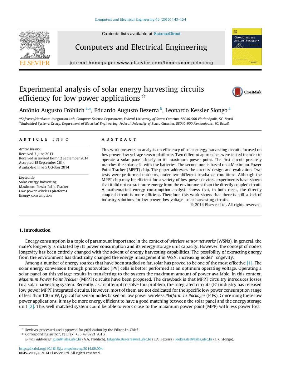 Experimental analysis of solar energy harvesting circuits efficiency for low power applications 