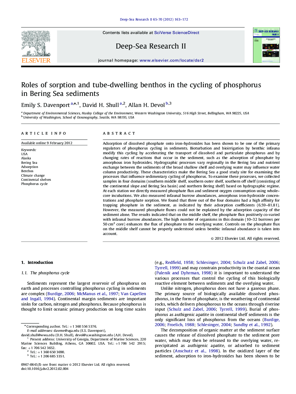 Roles of sorption and tube-dwelling benthos in the cycling of phosphorus in Bering Sea sediments