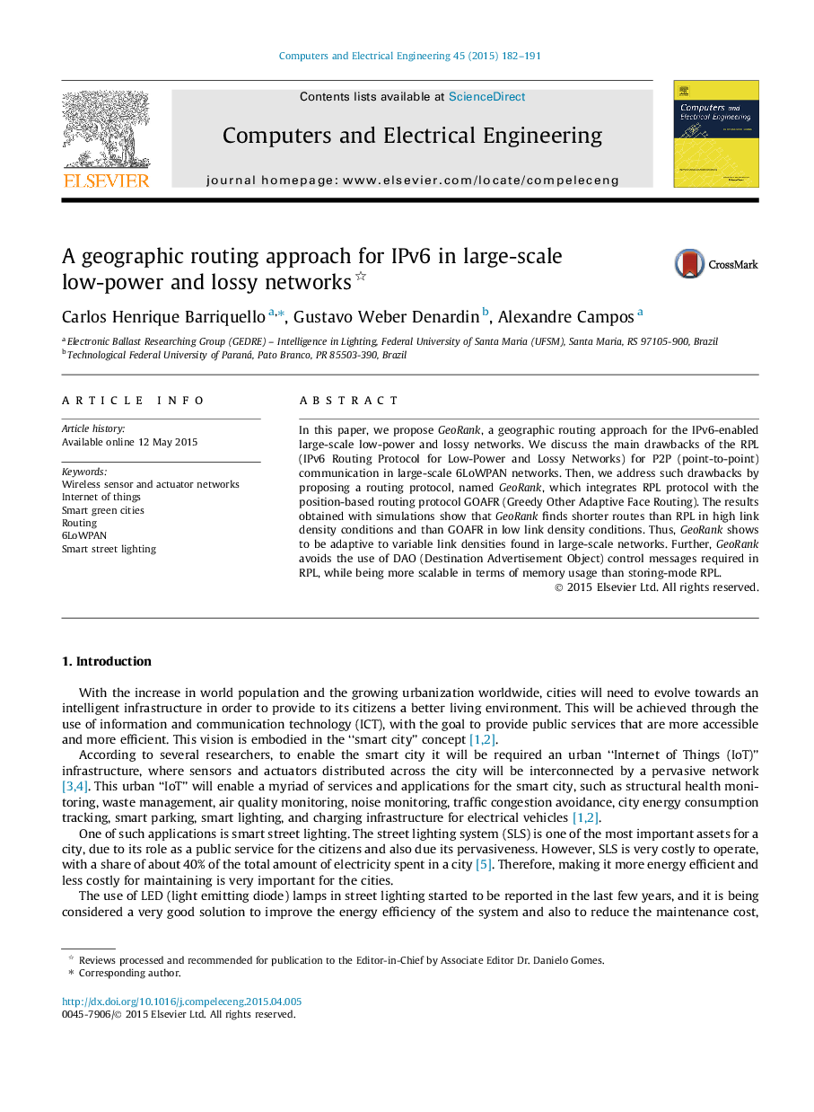 A geographic routing approach for IPv6 in large-scale low-power and lossy networks 