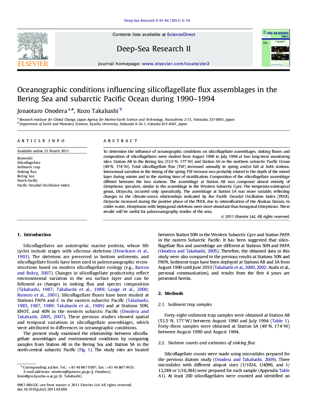 Oceanographic conditions influencing silicoflagellate flux assemblages in the Bering Sea and subarctic Pacific Ocean during 1990–1994