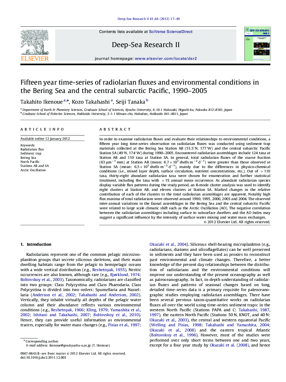 Fifteen year time-series of radiolarian fluxes and environmental conditions in the Bering Sea and the central subarctic Pacific, 1990–2005