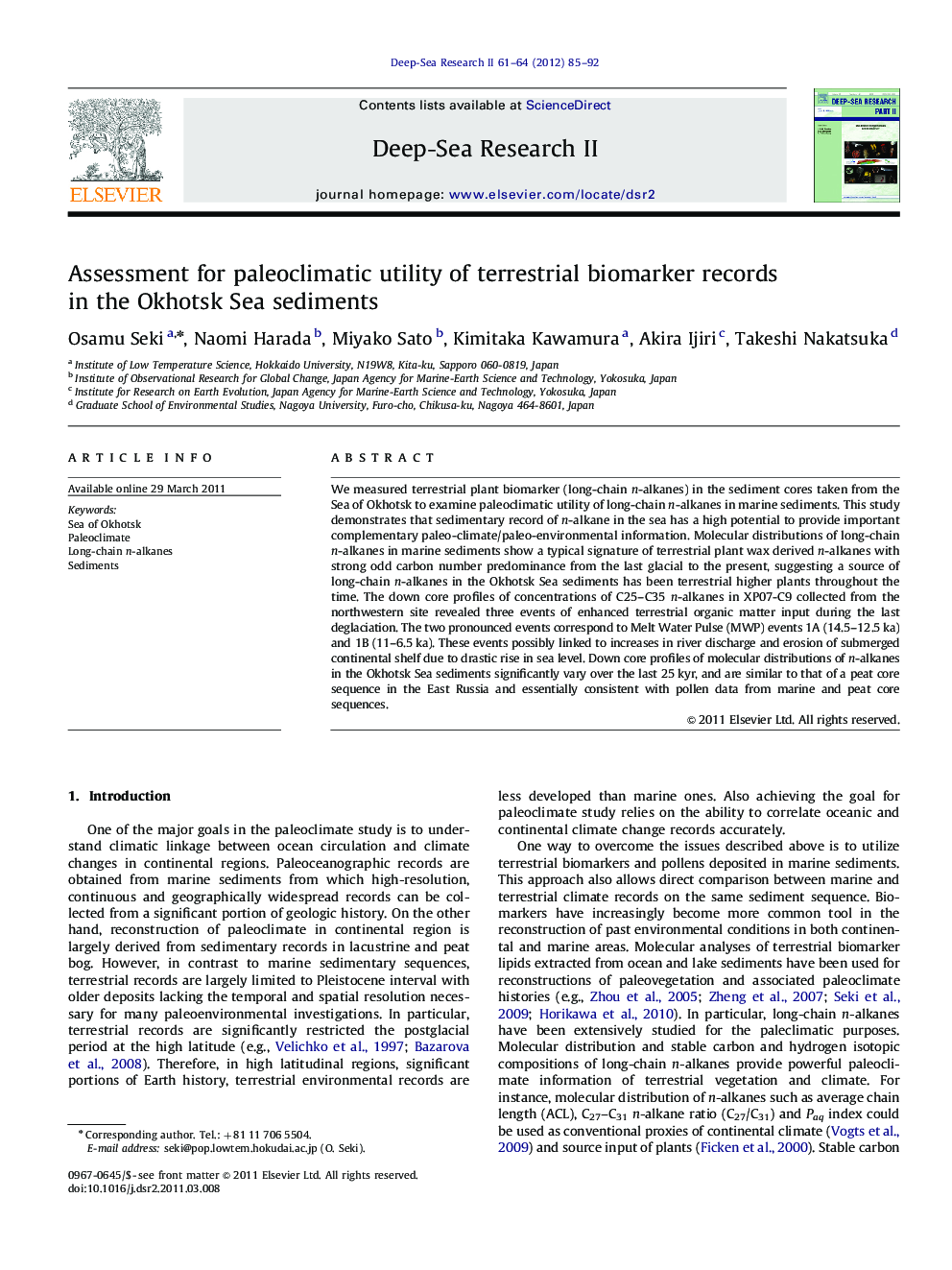 Assessment for paleoclimatic utility of terrestrial biomarker records in the Okhotsk Sea sediments