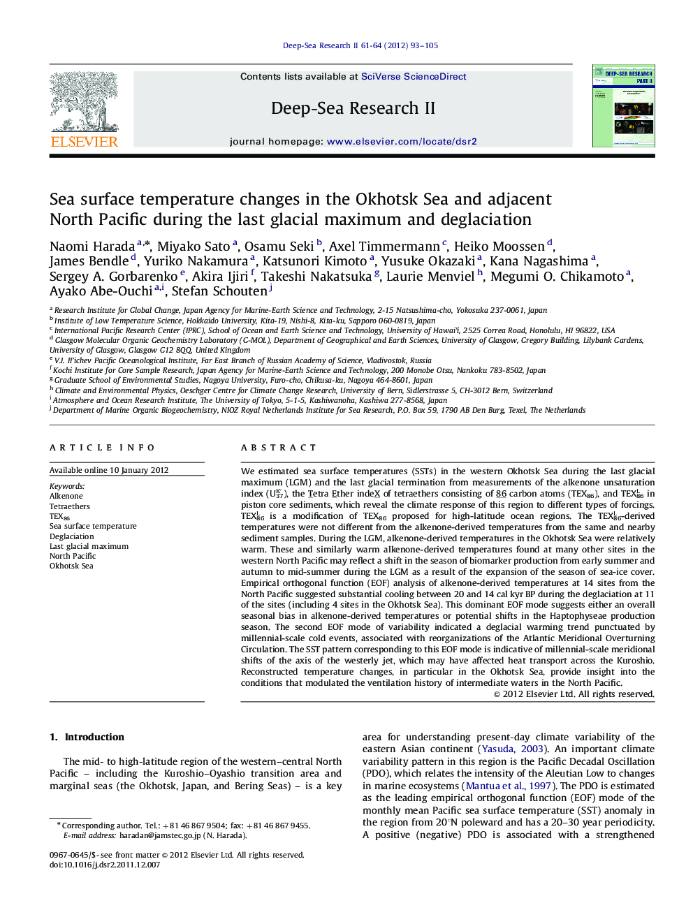 Sea surface temperature changes in the Okhotsk Sea and adjacent North Pacific during the last glacial maximum and deglaciation