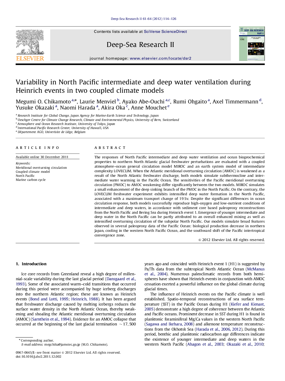 Variability in North Pacific intermediate and deep water ventilation during Heinrich events in two coupled climate models