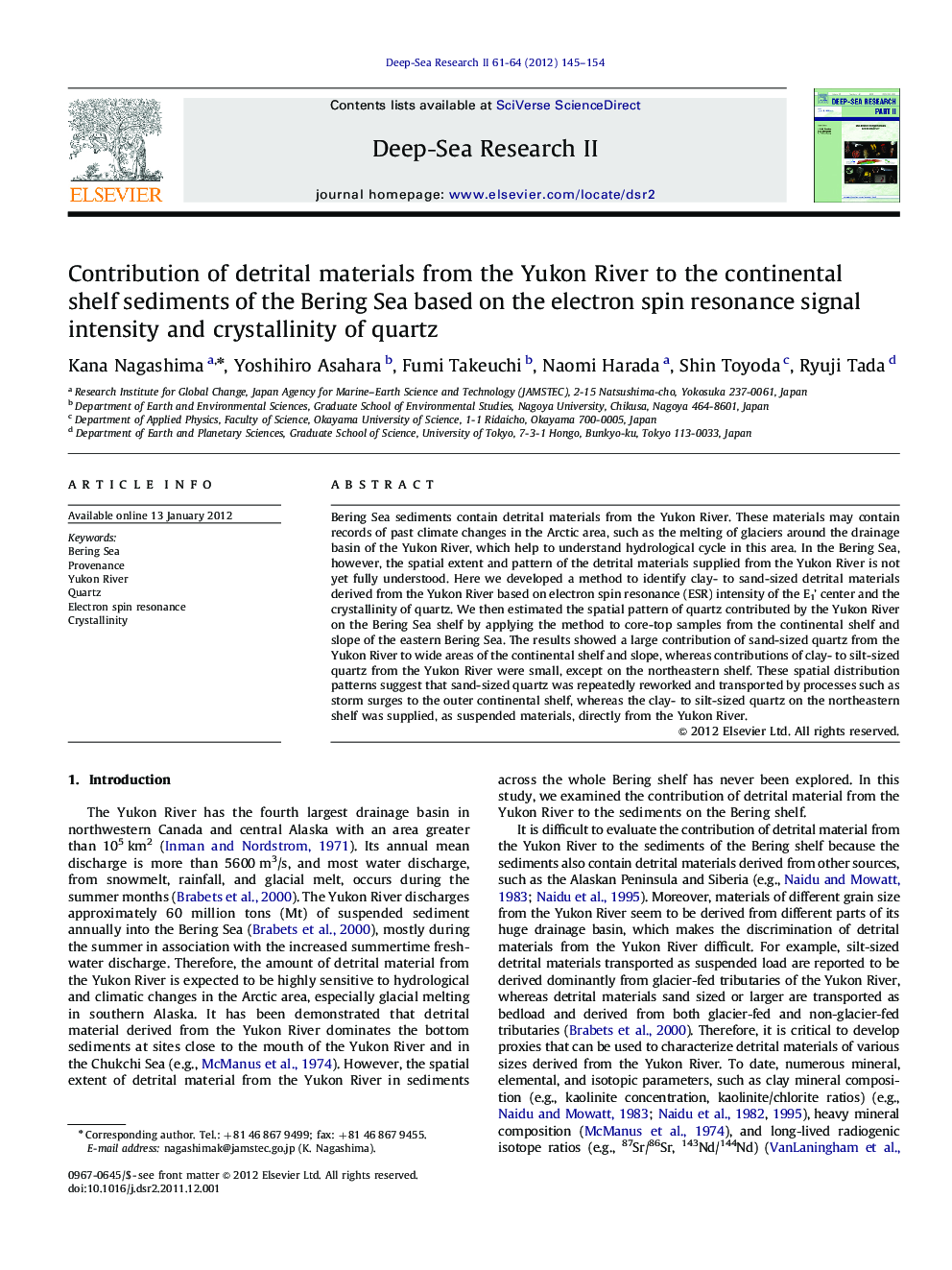 Contribution of detrital materials from the Yukon River to the continental shelf sediments of the Bering Sea based on the electron spin resonance signal intensity and crystallinity of quartz