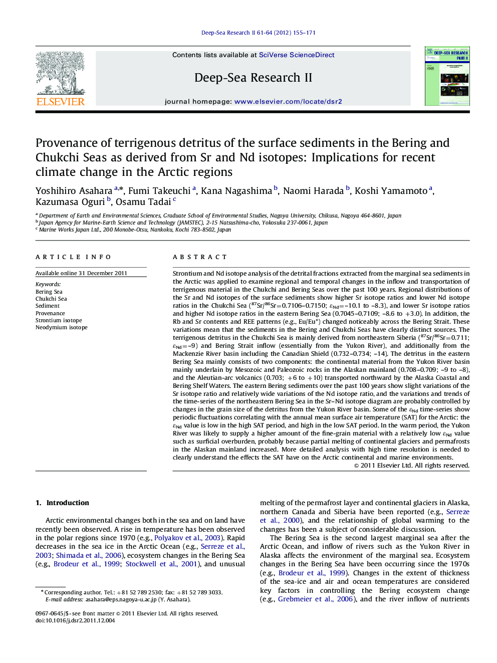 Provenance of terrigenous detritus of the surface sediments in the Bering and Chukchi Seas as derived from Sr and Nd isotopes: Implications for recent climate change in the Arctic regions