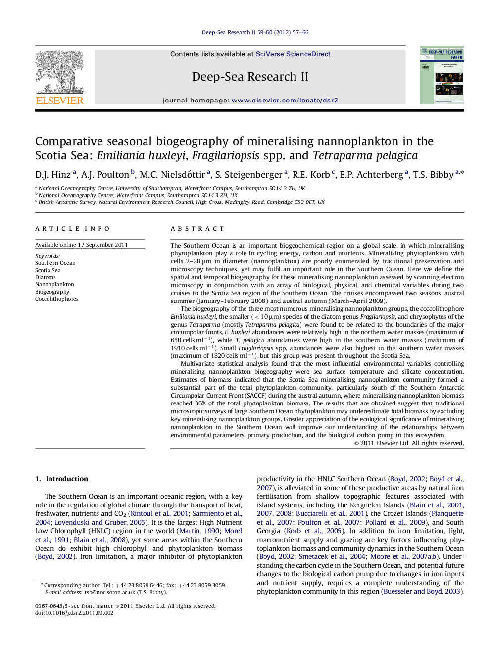 Comparative seasonal biogeography of mineralising nannoplankton in the Scotia Sea: Emiliania huxleyi, Fragilariopsis spp. and Tetraparma pelagica