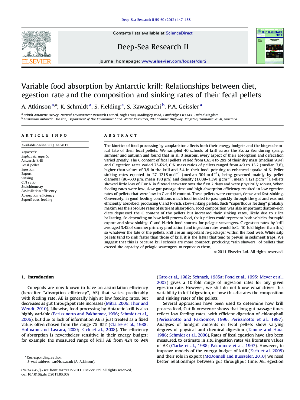 Variable food absorption by Antarctic krill: Relationships between diet, egestion rate and the composition and sinking rates of their fecal pellets