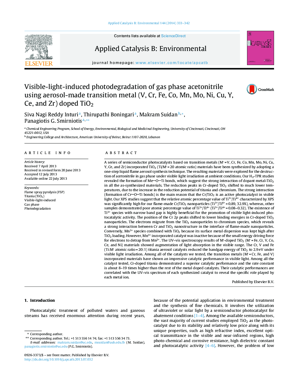 Visible-light-induced photodegradation of gas phase acetonitrile using aerosol-made transition metal (V, Cr, Fe, Co, Mn, Mo, Ni, Cu, Y, Ce, and Zr) doped TiO2