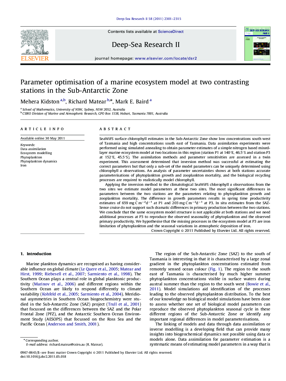 Parameter optimisation of a marine ecosystem model at two contrasting stations in the Sub-Antarctic Zone