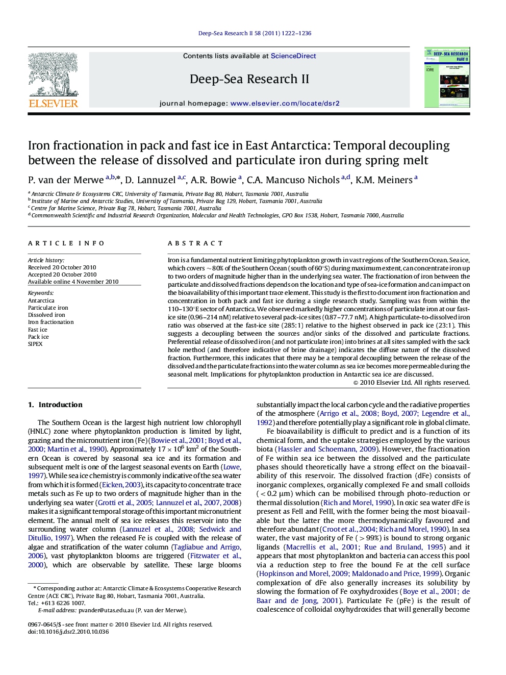 Iron fractionation in pack and fast ice in East Antarctica: Temporal decoupling between the release of dissolved and particulate iron during spring melt