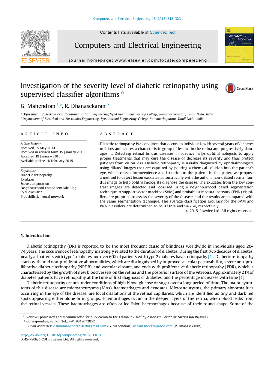 Investigation of the severity level of diabetic retinopathy using supervised classifier algorithms 