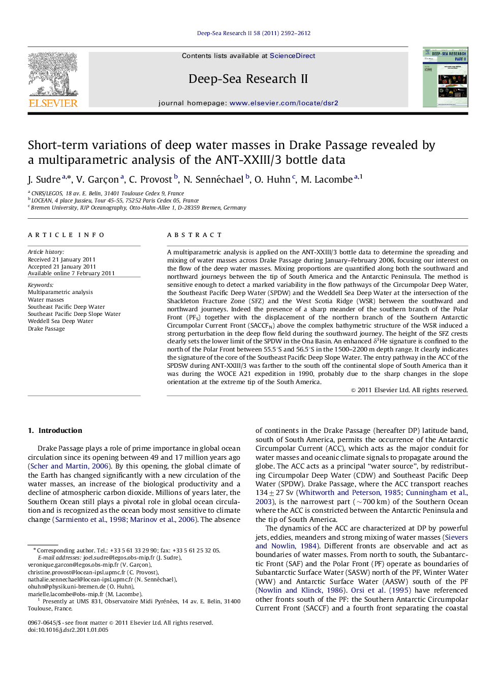 Short-term variations of deep water masses in Drake Passage revealed by a multiparametric analysis of the ANT-XXIII/3 bottle data