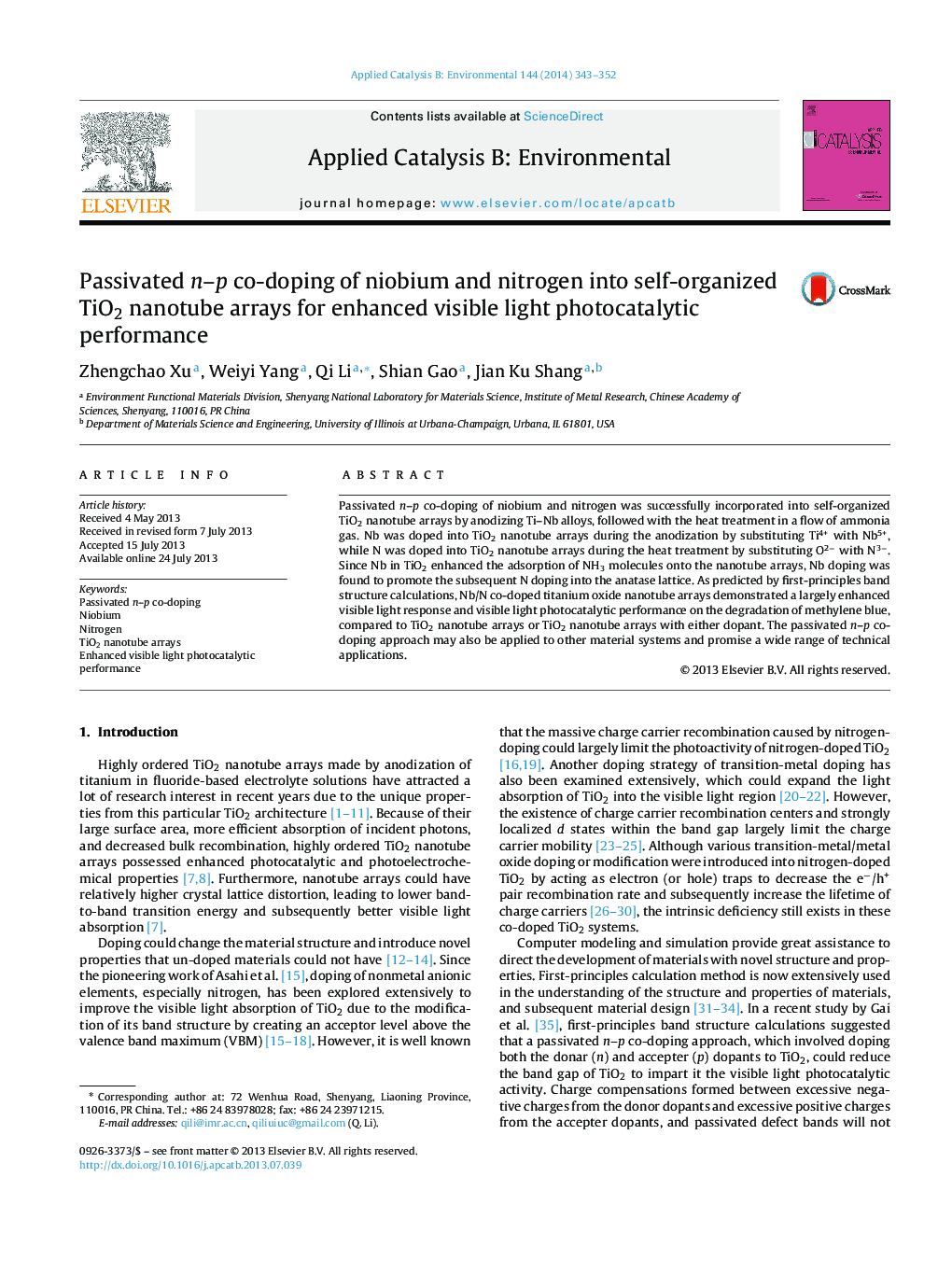 Passivated n–p co-doping of niobium and nitrogen into self-organized TiO2 nanotube arrays for enhanced visible light photocatalytic performance