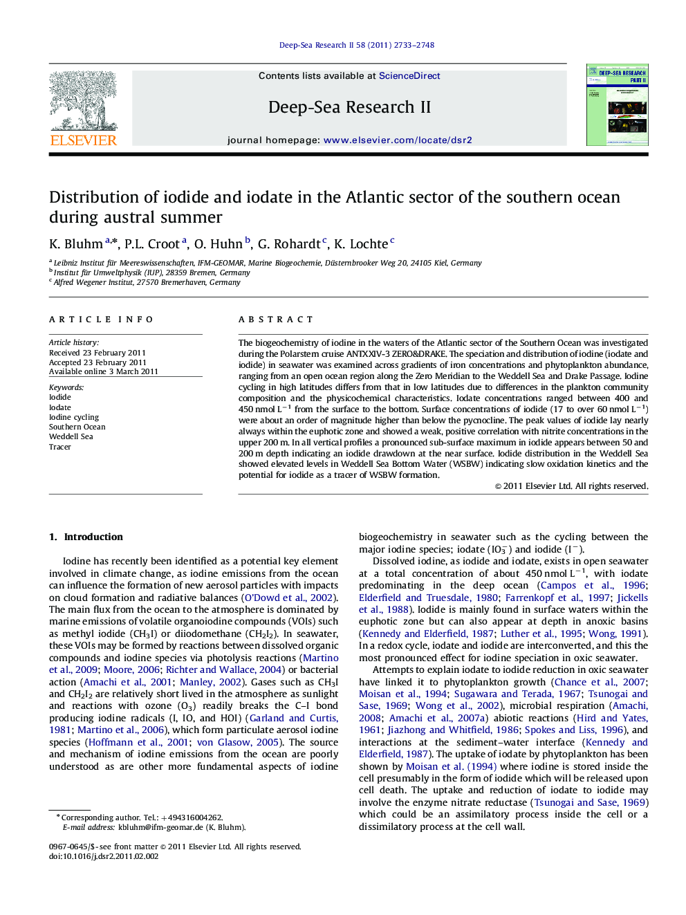 Distribution of iodide and iodate in the Atlantic sector of the southern ocean during austral summer