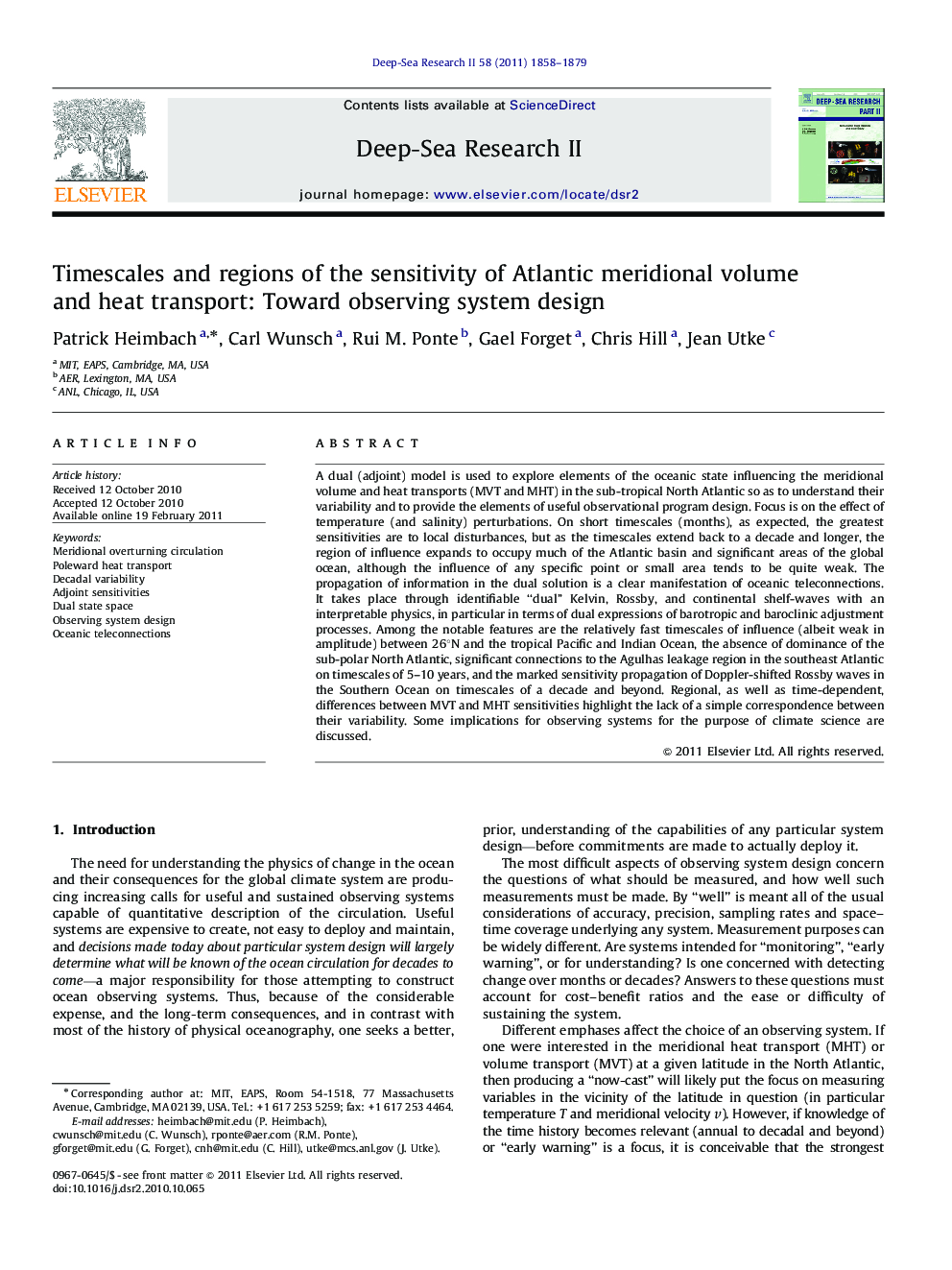 Timescales and regions of the sensitivity of Atlantic meridional volume and heat transport: Toward observing system design