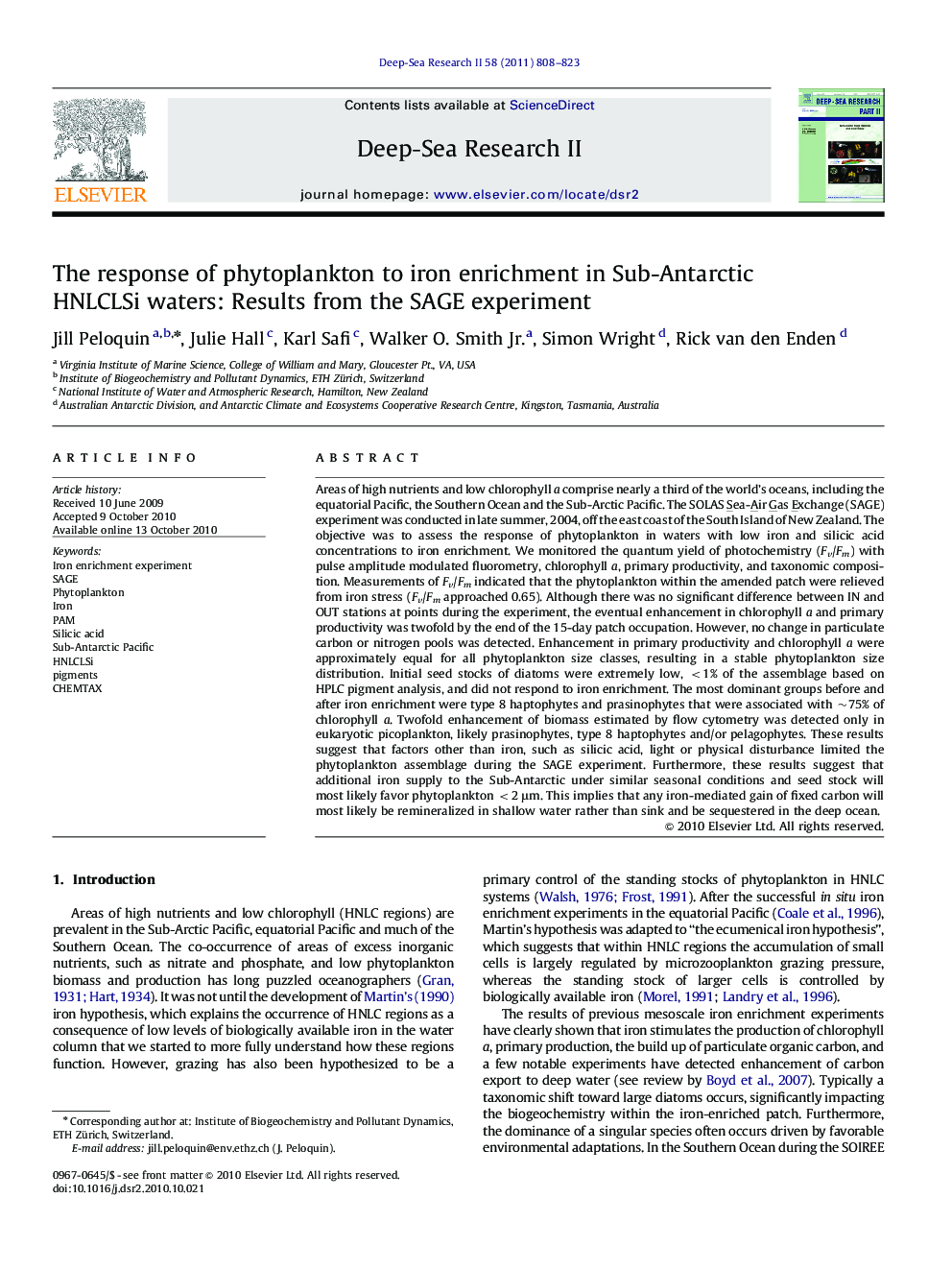 The response of phytoplankton to iron enrichment in Sub-Antarctic HNLCLSi waters: Results from the SAGE experiment