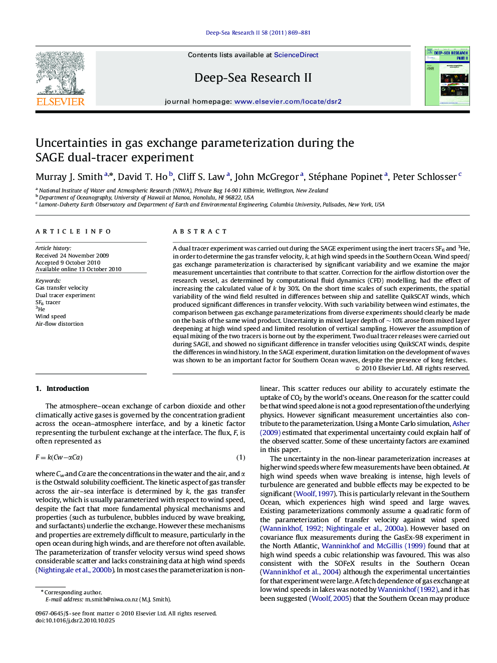 Uncertainties in gas exchange parameterization during the SAGE dual-tracer experiment