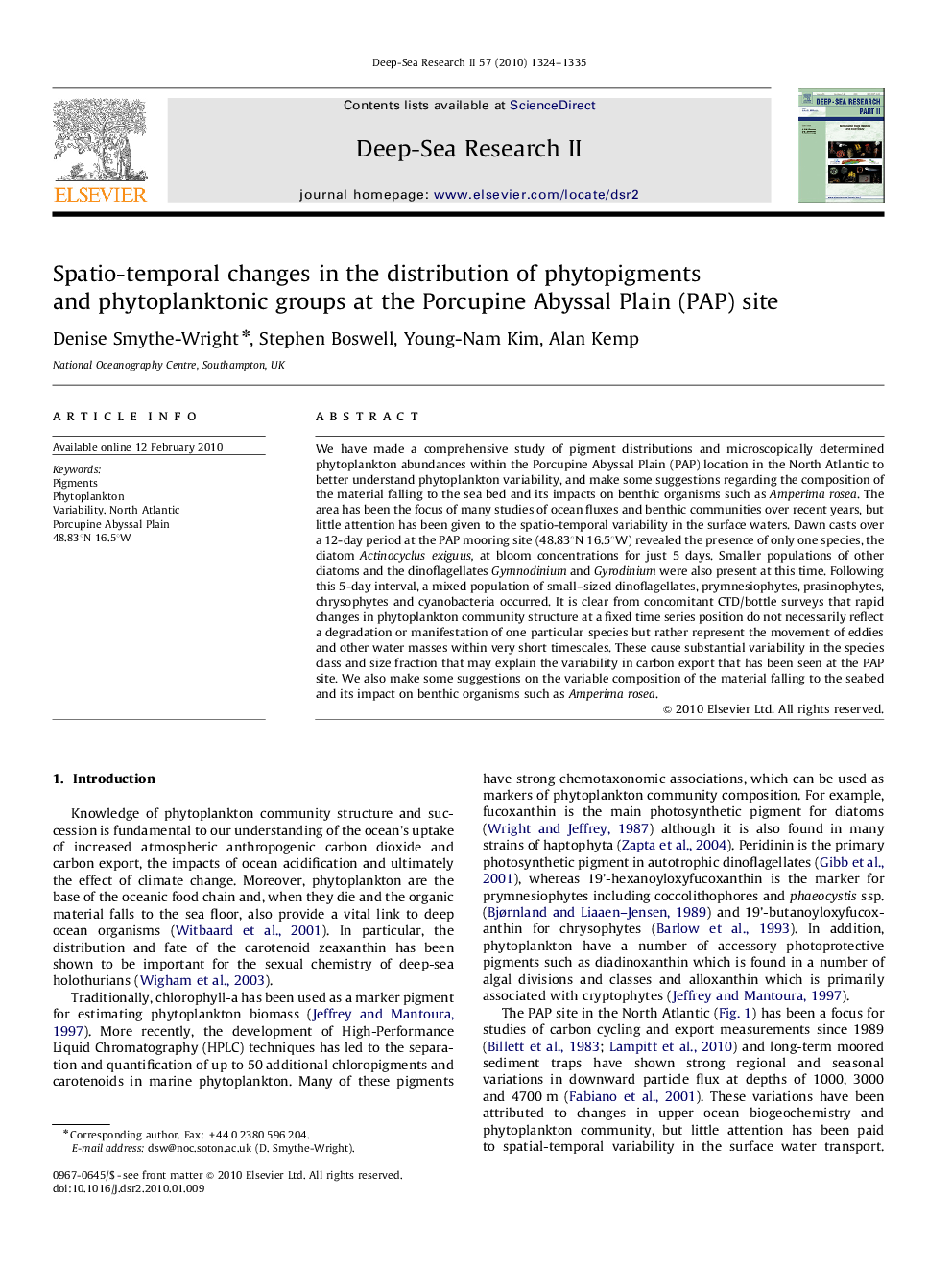 Spatio-temporal changes in the distribution of phytopigments and phytoplanktonic groups at the Porcupine Abyssal Plain (PAP) site