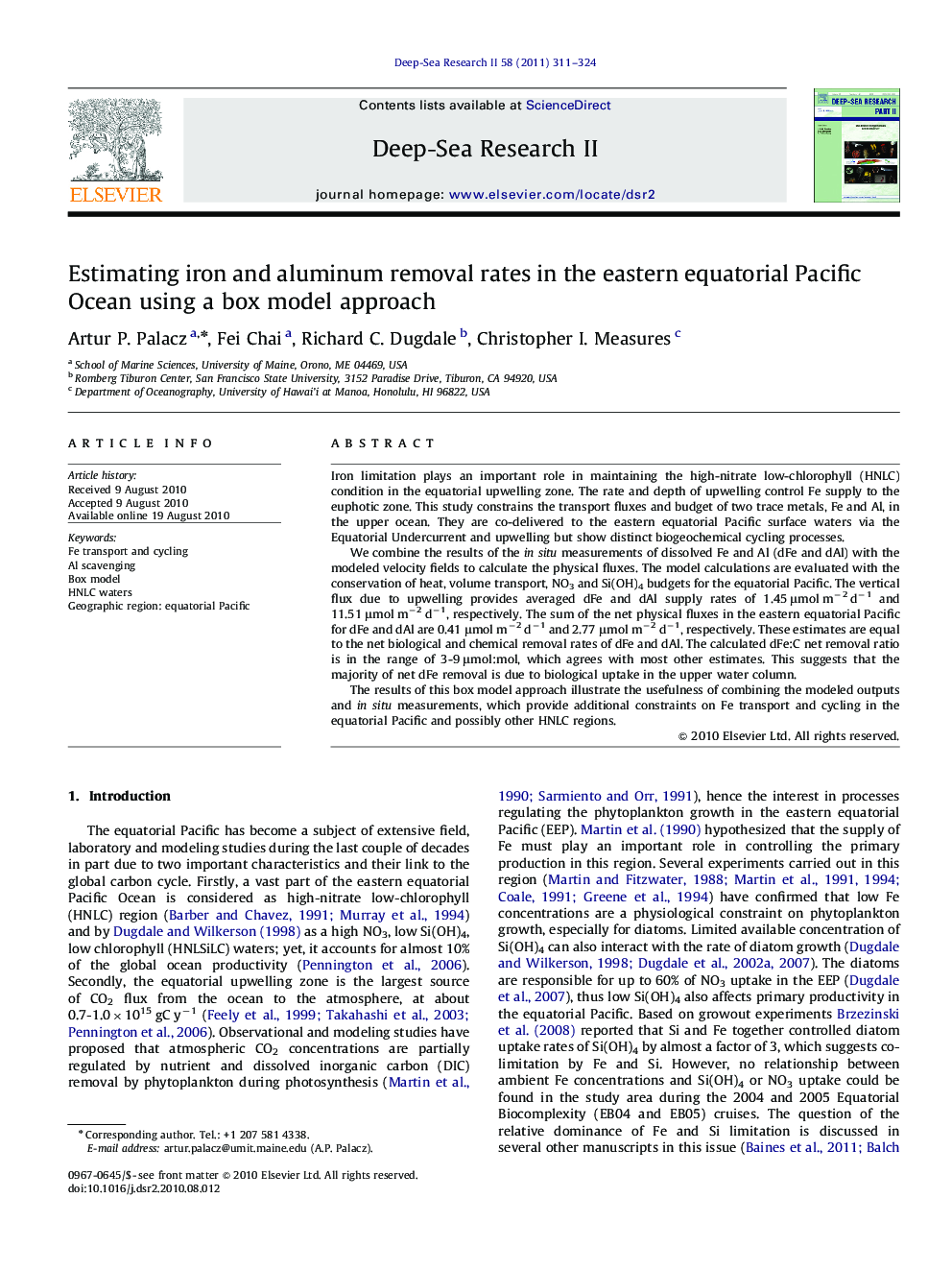 Estimating iron and aluminum removal rates in the eastern equatorial Pacific Ocean using a box model approach