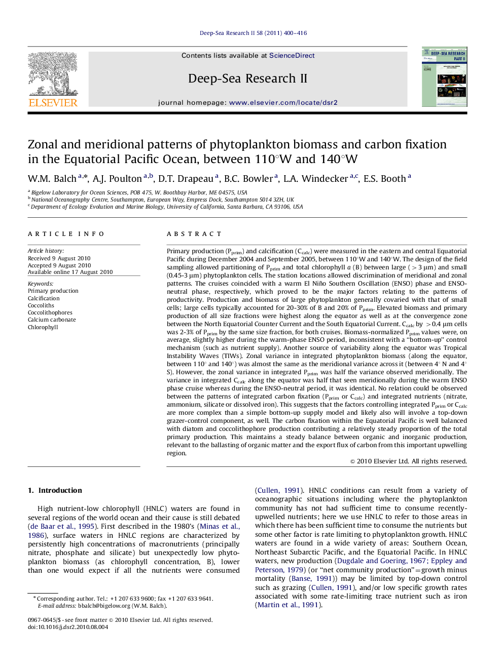 Zonal and meridional patterns of phytoplankton biomass and carbon fixation in the Equatorial Pacific Ocean, between 110Â°W and 140Â°W