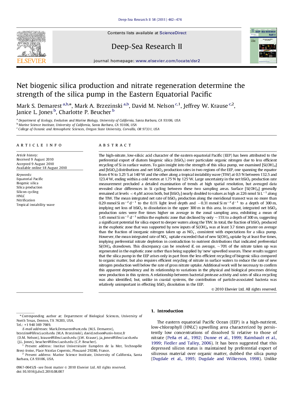 Net biogenic silica production and nitrate regeneration determine the strength of the silica pump in the Eastern Equatorial Pacific