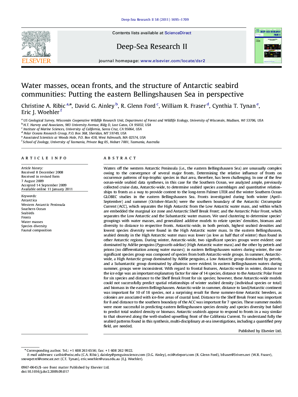 Water masses, ocean fronts, and the structure of Antarctic seabird communities: Putting the eastern Bellingshausen Sea in perspective