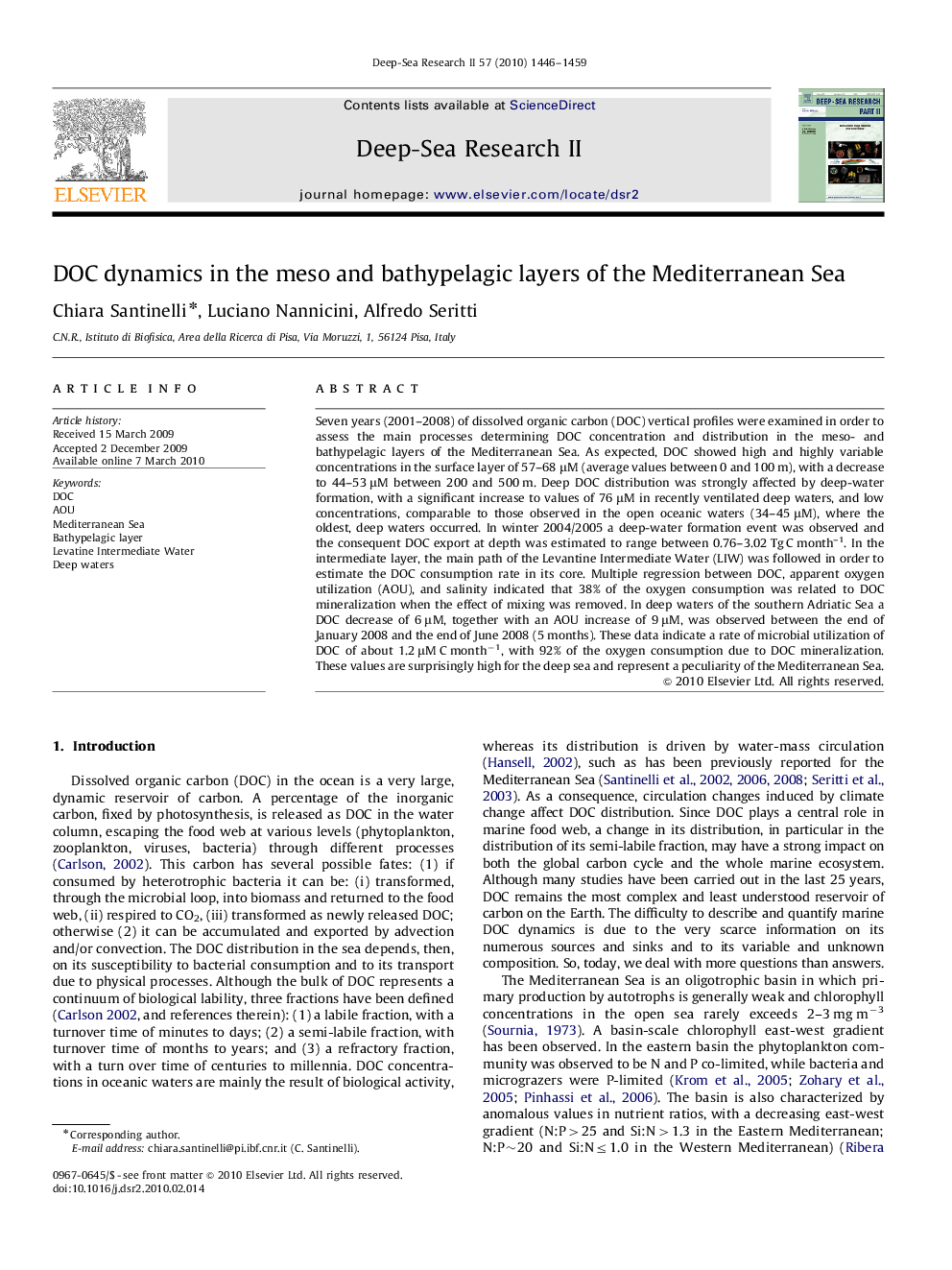 DOC dynamics in the meso and bathypelagic layers of the Mediterranean Sea