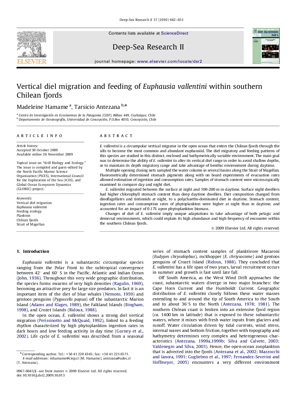 Vertical diel migration and feeding of Euphausia vallentini within southern Chilean fjords