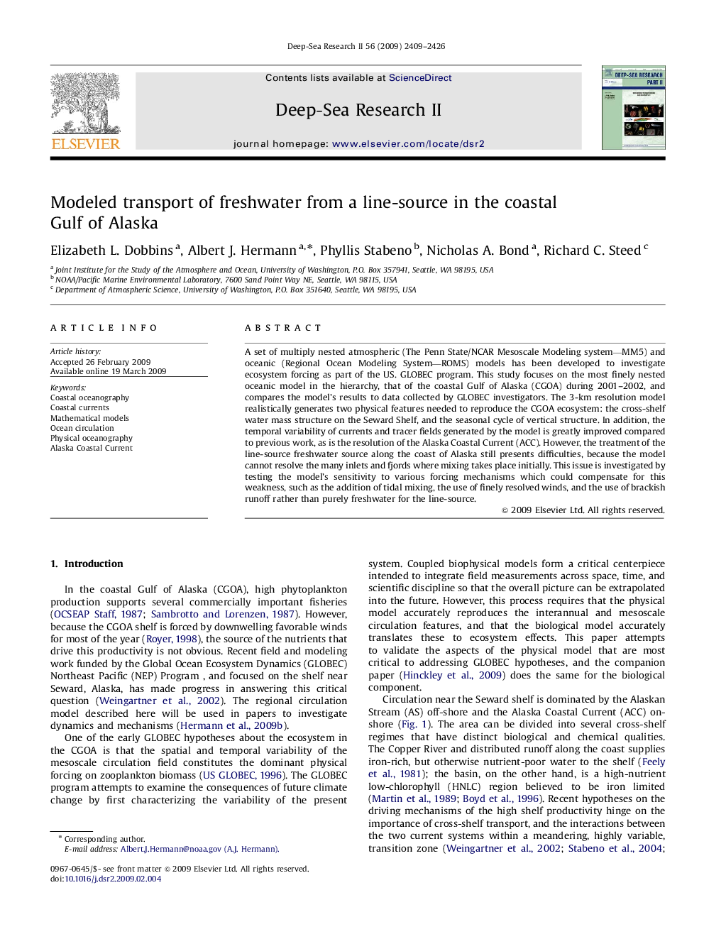 Modeled transport of freshwater from a line-source in the coastal Gulf of Alaska