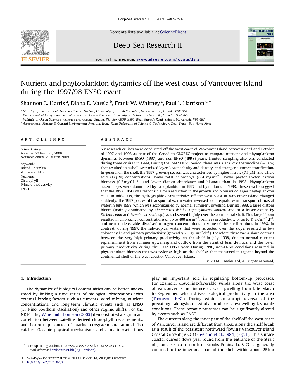 Nutrient and phytoplankton dynamics off the west coast of Vancouver Island during the 1997/98 ENSO event