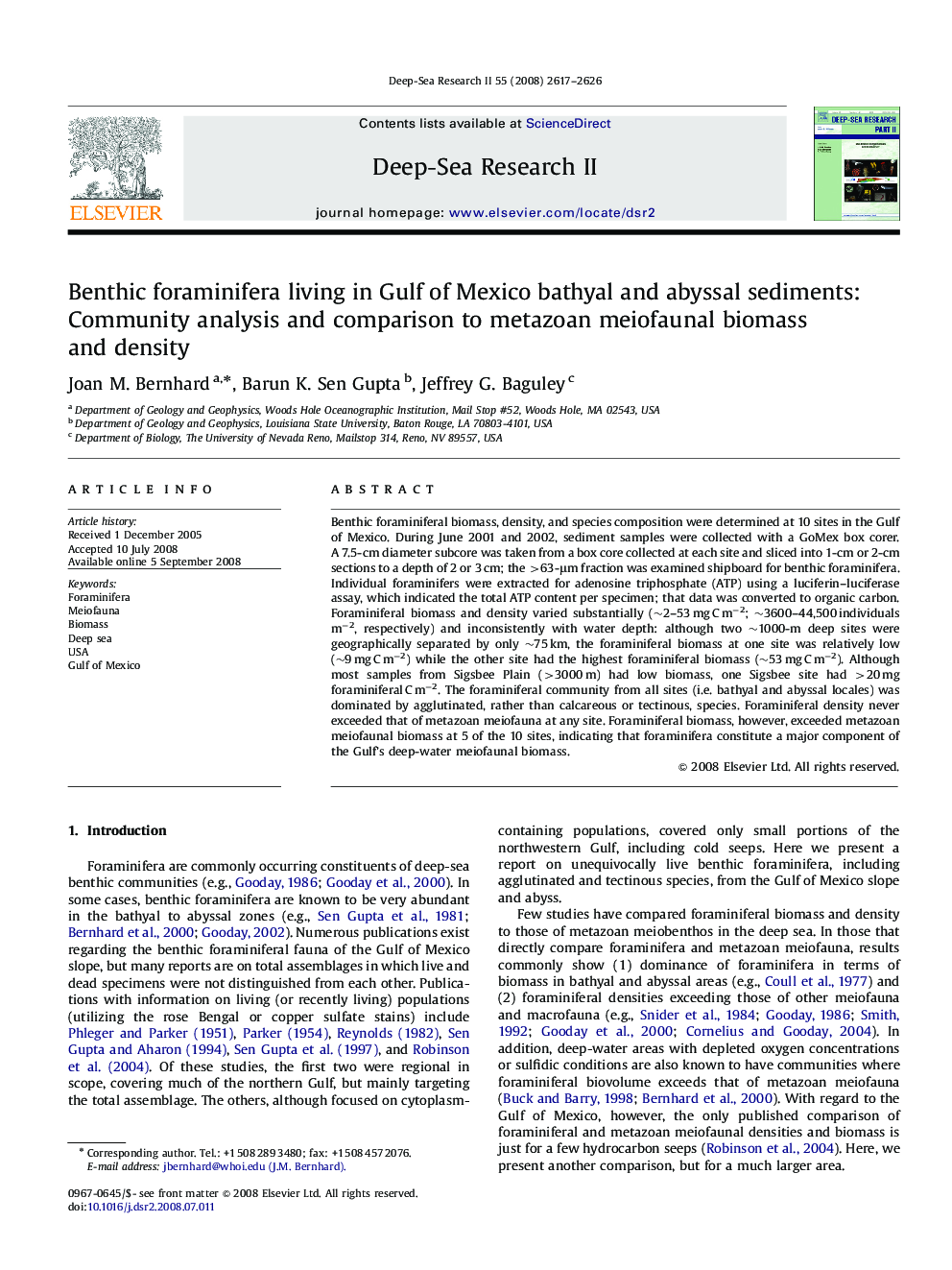 Benthic foraminifera living in Gulf of Mexico bathyal and abyssal sediments: Community analysis and comparison to metazoan meiofaunal biomass and density