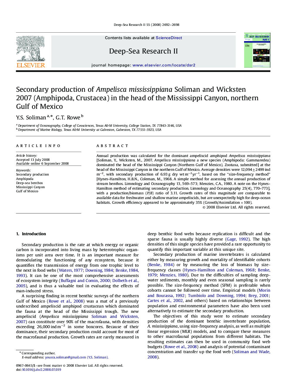 Secondary production of Ampelisca mississippiana Soliman and Wicksten 2007 (Amphipoda, Crustacea) in the head of the Mississippi Canyon, northern Gulf of Mexico