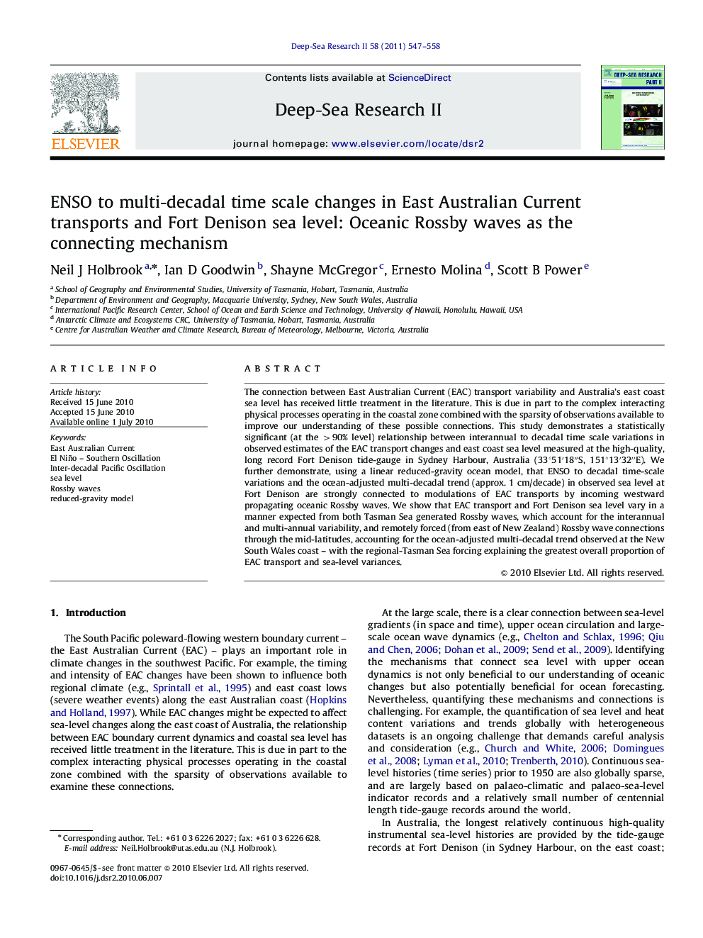 ENSO to multi-decadal time scale changes in East Australian Current transports and Fort Denison sea level: Oceanic Rossby waves as the connecting mechanism