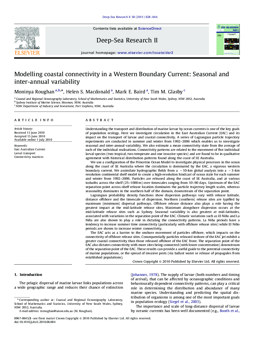Modelling coastal connectivity in a Western Boundary Current: Seasonal and inter-annual variability